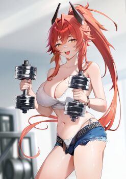 1girl :d absurdres bandaid bandaid_on_face bandaid_on_nose belt blush bra bracelet breasts cleavage commentary_request cowboy_shot denim denim_shorts double_dumbbell_pose_(han-0v0) dumbbell earrings goddess_of_victory:_nikke high_ponytail highres holding holding_dumbbell horns jewelry large_breasts lingshalan long_hair looking_at_viewer mechanical_horns micro_shorts mixed-language_commentary navel open_fly open_mouth panties ponytail red_hair red_hood_(nikke) red_hood_(retro_days)_(nikke) shorts single_earring smile solo stomach studded_belt sweat thighs underwear very_long_hair white_bra white_panties yellow_eyes