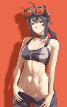 1girl ahoge black_hair closed_mouth cowboy_shot crop_top goggles goggles_on_head grace_howard hair_between_eyes highres hip_bones long_hair looking_ahead muscular muscular_female navel orange_background pomelomelon ponytail sidelocks simple_background smile solo standing zenless_zone_zero