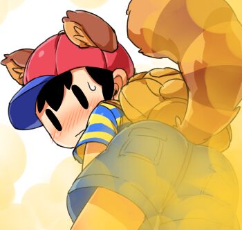 animal_ears ass ass_focus backpack bag black_hair blue_shorts blush cap dirty embarrassed fart hanuvo highres legs looking_at_viewer looking_back mother_(series) mother_2 ness_(mother_2) nintendo pov raccoon_ears raccoon_tail red_hat shirt shorts shota smell striped_clothes sweat sweatdrop tail wavy_mouth yellow_shirt