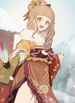 Rule 34 | 1girl, blunt bangs, blush, bow, building, floral print, floral print kimono, flower, fur trim, hair bow, hair bun, hair flower, hair ornament, highres, holding, holding paddle, japanese clothes, kimono, looking at viewer, nyonnyon59, orange eyes, orange hair, outdoors, paddle, print kimono, red ribbon, red riding hood (sinoalice), ribbon, sidelocks, sinoalice, sketch, snow, solo, sparkling eyes, symbol-shaped pupils, wavy hair