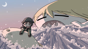 2girls absurdres afloat animalization black_gloves black_hair blank_eyes blonde_hair brodie_helmet chito_(shoujo_shuumatsu_ryokou) closed_eyes combat_helmet crescent_moon emesan_desu fish gloves helmet highres long_hair long_sleeves low_twintails moon multiple_girls nightmare ocean open_mouth original outdoors shoujo_shuumatsu_ryokou twintails water waves wide_shot yuuri_(shoujo_shuumatsu_ryokou)