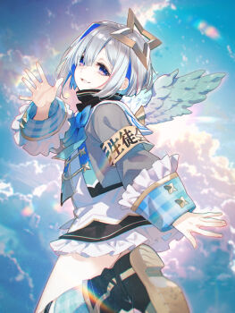 1girl absurdres amane_kanata amane_kanata_(1st_costume) angel angel_wings armband asymmetrical_bangs asymmetrical_hair bell_sleeves belt belt_buckle black_belt black_boots blue_bow blue_bowtie blue_eyes blue_hair blue_sky blue_socks bob_cut boots bow bowtie buckle colored_inner_hair feathered_wings frilled_skirt frilled_sleeves frills fuyuno_yuuki gingham_legwear gradient_eyes grey_hair hair_between_eyes hair_over_one_eye halo highres hololive jacket kneehighs long_sleeves looking_at_viewer looking_back medium_hair miniskirt multicolored_eyes multicolored_hair one_eye_covered parted_bangs pigeon-toed pink_hair print_socks purple_eyes short_hair single_hair_intake skirt sky sleeves_past_wrists sleeves_rolled_up socks solo star_halo straight-on streaked_hair striped_clothes striped_socks thighs turtleneck virtual_youtuber white_background white_jacket white_wings wings