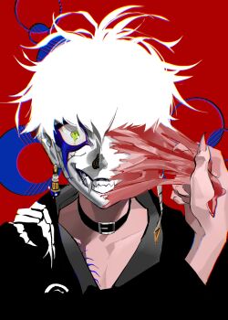 1boy alternate_hair_color black_choker black_haori blue_background body_horror choker commentary crack dripping_eye earrings facial_mark fangs fingernails flesh green_eyes grey_kimono grin haori highres japanese_clothes jewelry kimono looking_at_viewer male_focus omokage_yugamu red_background sharp_fingernails short_hair smile solo the_hundred_line_-last_defense_academy- two-tone_background upper_body zai_ya