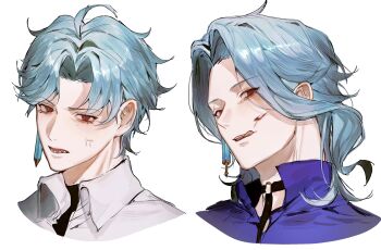 1boy aged_down anger_vein angry black_choker black_shirt blood blood_on_face blue_hair blue_shirt choker collared_shirt commentary_request dottore_(genshin_impact) earrings empty_eyes genshin_impact hair_between_eyes highres jewelry kupitaro_732 licking looking_at_viewer male_focus mandarin_collar medium_hair multiple_views o-ring o-ring_choker open_mouth red_eyes sharp_teeth shirt short_hair simple_background single_earring smile teeth tongue tongue_out turtleneck turtleneck_shirt upper_body v-shaped_eyebrows wavy_hair white_background white_shirt wing_collar