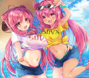 Rule 34 | 2girls, bemani, breasts, cloud, denim, denim skirt, glasses, grace (sound voltex), green panties, hat, highres, kasane (cynthia), large breasts, multiple girls, ocean, outdoors, panties, pink eyes, pink hair, rasis, red panties, shirt, siblings, sisters, skirt, sky, small breasts, sound voltex, string panties, underwear, water, white shirt, yellow shirt, yumebuki