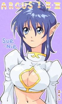 1990s_(style) 1girl arcus_odyssey blue_eyes breasts cleavage_cutout clothing_cutout diana_fireya english_text looking_afar midriff narrow_waist navel okeko purple_hair retro_artstyle simple_background solo title translation_request upper_body