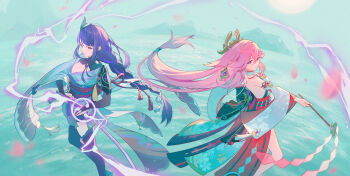 2girls absurdres animal_ear_piercing animal_ears armor asymmetrical_sleeves bare_shoulders behind_another black_thighhighs blue_pupils blunt_bangs blurry blurry_background braid breasts bridal_gauntlets cherry_blossoms child's_drawing cleavage closed_mouth clothing_cutout couple detached_sleeves electricity falling_petals fox_ears fox_girl from_side genshin_impact glowing glowing_sword glowing_weapon hair_between_eyes hair_ornament hair_ribbon headpiece highres holding holding_sword holding_weapon japanese_clothes katana kimono large_breasts light_smile long_braid long_hair long_sleeves looking_to_the_side low-braided_long_hair low-tied_long_hair mitsudomoe_(shape) motion_blur multicolored_eyes multicolored_hair multiple_girls musou_isshin_(genshin_impact) neck_ribbon off_shoulder outdoors petals pink_hair purple_eyes purple_hair purple_kimono raiden_shogun red_ribbon ribbon sakirs_mingan shade shoulder_armor shoulder_cutout single_braid sky source_request standing streaked_hair sun sword thighhighs tomoe_(symbol) uneven_sleeves water weapon wide_sleeves yae_miko yuri