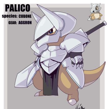 absurdres armor bone breastplate cubone felyne gauntlets gen_1_pokemon grey_background helmet highres holding holding_bone horns lluisabadias monster_hunter_(series) nintendo no_humans pauldrons pelvic_curtain pokemon pokemon_(creature) shoulder_armor skull standing weapon