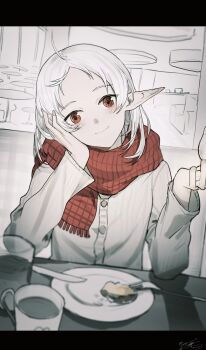 1girl absurdres black_border blush border checkered_clothes checkered_scarf chinese_commentary commentary cup dated diner dress_shirt food forehead fork head_rest head_tilt highres indoors knife letterboxed looking_at_viewer medium_hair monochrome_background mug mushoku_tensei parted_bangs plate pov red_eyes red_scarf scarf shirt signature smile solo sylphiette_(mushoku_tensei) table white_hair white_shirt yisjhui