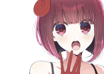 1girl arima_kana blush bob_cut commentary gloves hand_up highres inverted_bob looking_at_viewer open_mouth oshi_no_ko portrait red_eyes red_gloves red_hair risdelusions short_hair simple_background solo symbol-only_commentary teeth white_background