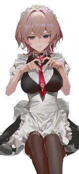 1girl absurdres apron baiser3rd black_choker black_dress breasts brown_hair brown_pantyhose choker closed_mouth dress frilled_apron frills heart heart_hands highres honkai_(series) honkai_impact_3rd invisible_chair lantern_(at_your_service)_(honkai_impact) lantern_(honkai_impact) large_breasts maid maid_apron maid_headdress necktie pantyhose puffy_short_sleeves puffy_sleeves red_necktie short_sleeves simple_background sitting solo white_apron white_background