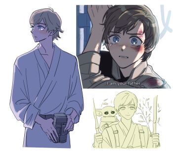2boys belt blonde_hair blood blue_eyes blush grogu happy i_am_your_father_(meme) luke_skywalker male_focus meme multiple_boys scene_reference simple_background skdlfjgrp smile star_wars star_wars:_a_new_hope star_wars:_the_empire_strikes_back the_mandalorian variations white_background