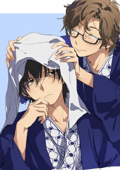 2boys bath_yukata black-framed_eyewear black_hair brown_eyes brown_hair closed_mouth drying drying_another&#039;s_hair drying_hair glasses hair_between_eyes hiraga_keisuke isa_(peien516) japanese_clothes kimono long_sleeves looking_at_another male_focus multiple_boys odagiri_hidetoshi persona persona_3 semi-rimless_eyewear short_hair smile yukata