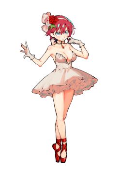 1girl amate_yuzuriha aqua_eyes ballerina ballet ballet_slippers breasts choker cleavage commentary_request en_pointe flower full_body gloves gundam gundam_gquuuuuux hair_flower hair_ornament hairband highres karaage_unai large_breasts looking_at_viewer red_hair short_hair simple_background smile solo standing tutu white_background