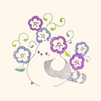 animal_focus bird blue_flower flower full_body highres long-tailed_tit morning_glory no_humans original purple_flower solo tit_(bird) touko_(nagomino) traditional_media