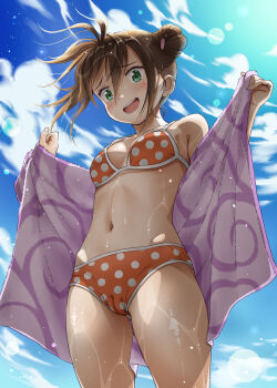 Rule 34 | 1girl, :d, bikini, blue sky, blush, breasts, brown hair, cameltoe, cowboy shot, dark-skinned female, dark skin, day, double bun, green eyes, hair bun, highres, holding, holding towel, looking at viewer, malcorond, medium breasts, navel, open mouth, orange bikini, original, outdoors, polka dot, polka dot bikini, round teeth, sky, smile, solo, standing, swimsuit, teeth, towel, upper teeth only, wet