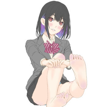 1girl barefoot black_hair blush feet looking_at_viewer medium_hair parted_lips red_eyes soles toes touya_(msdonuts18)