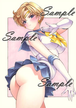 1girl ass bishoujo_senshi_sailor_moon blonde_hair blue_choker blue_eyes blue_sailor_collar blue_skirt blush bow breasts choker circlet elbow_gloves gloves medium_breasts miyakooo0420 pleated_skirt sailor_collar sailor_senshi_uniform sailor_uranus short_hair skirt solo ten&#039;ou_haruka traditional_media very_short_hair white_gloves yellow_bow