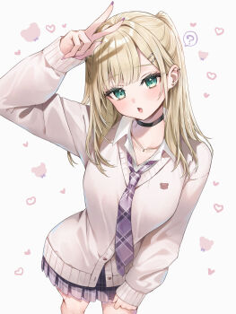 1girl absurdres arm_up black_cardigan black_choker blonde_hair blush cardigan choker commentary_request green_eyes highres kurumi_noah long_sleeves looking_at_viewer medium_hair miniskirt open_mouth pleated_skirt runlan_0329 shirt simple_background skirt solo v virtual_youtuber vspo! white_background white_shirt