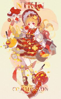 Rule 34 | 1girl, :o, absurdres, animal, ankle socks, apple, apple hair ornament, apple pie, apple slice, argyle clothes, argyle socks, baguette, basket, blonde hair, bonnet, bow, bowtie, bread, brown eyes, bubble skirt, bug, butterfly, cat, chinese commentary, cinnamon stick, cloak, closed mouth, clothed animal, collar, commentary request, commission, detached collar, dress, eyelashes, floating, flower, food, food-themed clothes, food-themed hair ornament, food print, footwear bow, frilled collar, frilled headwear, frilled sleeves, frilled socks, frilled wrist cuffs, frills, fruit, full body, grey background, hair bow, hair ornament, hat, highres, holding, holding food, holding fruit, hood, hood up, hooded cloak, house, infinity nikki, insect, knife, lace, lace-trimmed dress, lace trim, light blush, long hair, low twintails, mary janes, medium dress, mizemengs, momo (nikki), mushroom hat, nikki (series), official alternate costume, open mouth, pie, pinafore dress, print dress, puffy short sleeves, puffy sleeves, red bonnet, red bow, red bowtie, red collar, red dress, red eyes, red flower, red hat, red shoes, sample watermark, shirt, shoes, short sleeves, short twintails, skirt, sleeveless, sleeveless dress, socks, striped bow, surprised, sweet memories (infinity nikki), twintails, watermark, whiskers, white bow, white cat, white cloak, white shirt, white socks, white wrist cuffs, wrist cuffs, yellow butterfly