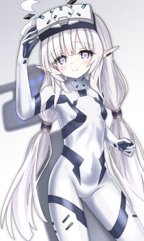 1girl adjusting_goggles battlesuit blue_archive blush bodysuit commentary_request earclip halo head-mounted_display highres himari_(armed)_(blue_archive) himari_(blue_archive) impossible_bodysuit impossible_clothes langley1000 long_hair looking_at_viewer mole mole_under_eye multicolored_halo official_alternate_costume pointy_ears purple_eyes skin_tight smile solo two-tone_halo very_long_hair white_bodysuit white_hair white_halo