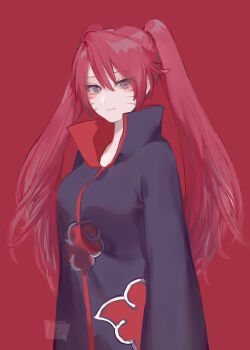 1girl akatsuki_(naruto) akatsuki_uniform black_coat blush closed_mouth coat eyes_visible_through_hair facial_mark female_focus file-mei genderswap genderswap_(mtf) grey_eyes hair_between_eyes highres long_hair naruko_(naruto) naruto:_road_to_ninja naruto_(classic) naruto_(series) naruto_shippuuden red_background simple_background smile solo twintails uzumaki_naruto whisker_markings