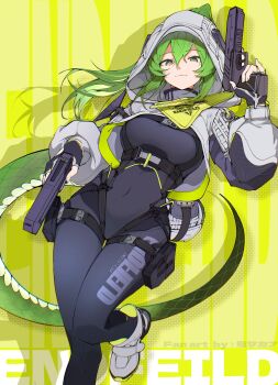 1girl absurdres arknights arknights:_endfield artist_name black_bodysuit black_gloves bodysuit boots breasts commentary copyright_name covered_navel dual_wielding fingerless_gloves fluorite_(arknights) foot_out_of_frame gloves green_background green_eyes green_hair gun hair_between_eyes handgun highres holding holding_gun holding_weapon hood hood_up hooded_shrug large_breasts leaning_to_the_side long_sleeves looking_at_viewer pointy_ears puffy_long_sleeves puffy_sleeves shio_sakana shrug_(clothing) sidelocks smile snake_girl snake_tail solo standing standing_on_one_leg tail thigh_gap weapon white_boots white_shrug