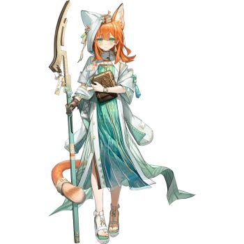 1girl ahoge animal_ears arknights blunt_bangs blunt_ends blush book brown_gloves cat_ears cat_girl cat_tail closed_mouth dress earrings extra_ears framed_cleavage full_body gloves gold_tiara green_dress green_eyes green_sandals grey_dress hair_between_eyes holding holding_book holding_staff holding_weapon hood hood_up id_card jewelry lanyard long_dress looking_at_viewer medium_hair mini_tiara mole mole_on_armpit multicolored_dress official_art orange_hair orange_nails orange_tail papyrus_(arknights) sandals simple_background single_glove solo staff standing tachi-e tail tail_ornament tail_ring third-party_source tiara toes transparent_background triangle_earrings watch weapon wenquangua white_hood wristwatch