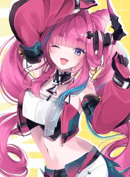 1girl arknights arknights:_endfield arm_up bare_shoulders black_gloves black_horns blue_eyes breasts commentary cone_hair_bun detached_sleeves english_commentary gloves hair_bun hand_up hazylilico highres horns jacket large_breasts long_hair long_pointy_ears looking_at_viewer multicolored_gloves multicolored_hair navel one_eye_closed open_mouth pink_gloves pink_hair pink_jacket pointy_ears smile solo stomach streaked_hair thick_eyebrows twintails two-tone_gloves upper_body very_long_hair yvonne_(arknights)