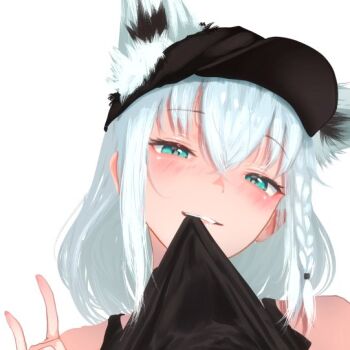 1girl animal_ears aqua_eyes baseball_cap black_hair black_tank_top blush braid clothes_in_mouth cohi27151463 come_hither commentary crossed_bangs ears_through_headwear fox_ears fox_girl fox_shadow_puppet hair_between_eyes half-closed_eyes hat hololive lifting_own_clothes long_hair looking_at_viewer mouth_hold out-of-frame_censoring paid_reward_available parted_lips portrait shirakami_fubuki side_braid simple_background single_braid smile solo tank_top virtual_youtuber white_background white_hair