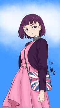 1girl amelia_(pathways) bag commentary dress english_commentary highres holding holding_bag jacket looking_at_viewer open_clothes open_jacket pathways_(game) pink_dress purple_hair purple_jacket sempiternity short_hair simple_background union_jack_print watermark