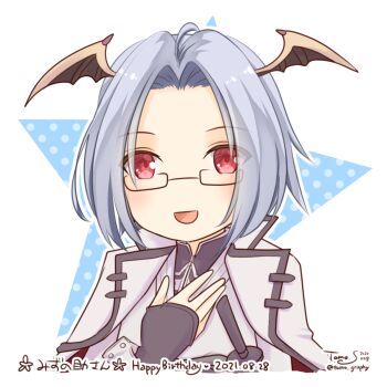 1boy black-framed_eyewear coat commentary_request curtained_hair dated demon_wings glasses grey_coat grey_hair happy_birthday head_wings highres looking_at_viewer male_focus open_mouth ragnarok_masters ragnarok_online red_eyes sakuraji_tomoka short_hair smile solo upper_body white_background wings