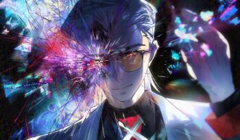 1boy black_shirt blurry blurry_border bokeh broken_glass coat collared_shirt colorful depth_of_field fourth_wall glass glowing glowing_eyes hair_slicked_back highres looking_at_viewer male_focus mullet necktie pcacao red_eyes red_necktie scratches shirt smirk snapping_fingers solo sparkle tinted_eyewear to_be_hero to_be_hero_x white_coat white_hair x_(symbol) x_(to_be_hero_x) yellow-tinted_eyewear