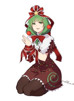 1girl absurdres bound bound_wrists bow brown_pantyhose candy_cane_hair_ornament christmas christmas_lights christmas_ornaments christmas_ornaments_in_hair collar dress food-themed_hair_ornament frilled_collar frilled_dress frilled_ribbon frills front_ponytail green_eyes hair_bow hair_ornament hair_ribbon highres kagiyama_hina kneeling looking_at_viewer medium_hair open_mouth own_hands_together pantyhose red_bow red_dress red_ribbon ribbon seiza short_sleeves simple_background sitting smile solo spiral_print star_(symbol) star_hair_ornament teeth tied_up_(nonsexual) touhou umisaki upper_teeth_only white_background white_collar