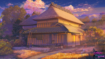 3d architecture arsenixc bush cloud cloudy_sky east_asian_architecture flower flower_pot grass highres house original outdoors plant potted_plant road scenery sky stairs street sunlight tree wood