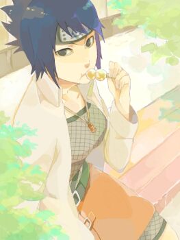 Rule 34 | 1girl, artist request, belt, black eyes, blue hair, bodysuit, breasts, brown skirt, coat, dango, eating, female focus, fishnets, food, forehead protector, headband, headdress, holding, jewelry, konohagakure symbol, long sleeves, looking at viewer, miniskirt, mitarashi anko, mitarashi dango, naruto (classic), naruto (series), necklace, outdoors, plant, ponytail, short hair, short ponytail, sitting, skirt, solo, tegaki, wagashi, wide ponytail