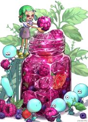 Rule 34 | 1girl, :d, ^ ^, apron, artist name, blueberry, blush, brown apron, closed eyes, commentary, cup, drink, drinking glass, english commentary, fangs, food, fruit, full body, green hair, green socks, grey apron, highres, holding, holding food, holding fruit, holding leaf, ice, ice cube, inkling, inkling girl, inkling player character, jellyfish (splatoon), ladder, leaf, medium hair, moromi (kscd4482), nintendo, open mouth, oversized object, pen in pocket, pocket, pointy ears, raspberry, sandals, shirt, short eyebrows, short sleeves, smile, socks, splatoon (series), splatoon 3, strawberry, suction cups, sweat, tentacle hair, white background, white shirt, wooden ladder, yellow footwear