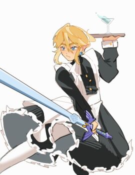 1boy :/ alternate_costume arisu_art blonde_hair blue_eyes commentary crossdressing crossdressing_(mtf) cup drinking_glass earrings english_commentary enmaided frills hair_between_eyes holding holding_sword holding_tray holding_weapon jewelry link long_sleeves maid master_sword nintendo pantyhose pointy_ears simple_background solo sword the_legend_of_zelda thick_eyebrows trap tray weapon white_background white_pantyhose