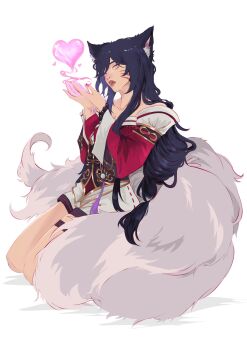 1girl ahri_(league_of_legends) animal_ear_fluff animal_ears bare_shoulders blowing_kiss collarbone commentary detached_sleeves english_commentary facial_mark fox_ears fox_girl fox_tail frendraw full_body hands_up heart highres kitsune kneeling korean_clothes league_of_legends long_hair looking_at_viewer low-tied_long_hair multiple_tails parted_lips purple_hair shadow simple_background slit_pupils solo tail thigh_strap whisker_markings white_background white_tail yellow_eyes