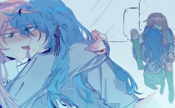 Rule 34 | 2girls, bang dream!, bang dream! it's mygo!!!!!, black ribbon, blue hair, chihaya anon, commentary, eye contact, french kiss, green skirt, green socks, grey eyes, grey jacket, hair ribbon, hashtag-only commentary, hug, jacket, kiss, kneehighs, long hair, looking at another, multiple girls, pink hair, ribbon, skirt, socks, togawa sakiko, yuri, z akane890