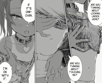 1girl bra bra_pull breasts cleavage close-up clothes_pull come_hither covered_erect_nipples ebisujima_misato english_text fang fingering fingering_through_clothes grabbing_own_breast half-closed_eyes highres in_heat leaning_forward legs loli looking_at_viewer medium_hair midriff monochrome navel open_mouth original pulling_own_clothes seductive_gaze shorts sleeveless sleeveless_sweater small_breasts solo strap_pull sweater tan tanline teasing thick_thighs thighs through_clothes tongue twintails underwear yuma_(ebisujima_misato)