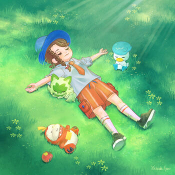 1girl :3 apple bitten_apple black_shoes blue_hat braid brown_hair closed_eyes closed_mouth collared_shirt commentary_request eyelashes flower food food_bite fruit fuecoco grass hat juliana_(pokemon) light_rays lying necktie nintendo on_back orange_necktie orange_shorts outstretched_arms pokemon pokemon_(creature) pokemon_sv quaxly school_uniform shirt shoes shorts smile socks sprigatito starter_pokemon_trio white_socks yellow_flower yoshida-smile
