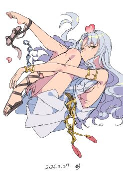1girl arched_soles armlet bare_legs breasts caren_hortensia caren_hortensia_(amor_caren)_(first_ascension) chain commentary_request dated dress fate/grand_order fate_(series) fetal_position full_body gladiator_sandals gold_armlet hair_spread_out highres hugging_own_legs jewelry long_hair looking_at_viewer looking_to_the_side low-cut_armhole lying medium_breasts noko_morokoshi on_side parted_bangs plantar_flexion sandals shoes short_dress sideboob signature simple_background single_bare_foot solo unworn_shoes wavy_hair white_background white_dress white_hair yellow_eyes