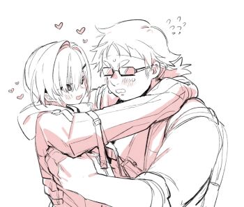 2boys age_difference backpack bag blush cr-r fat fat_man glasses heart highres holding hug long_sleeves multiple_boys nijisanji onii-shota open_mouth otaku oversized_clothes shota size_difference sweat uzuki_kou virtual_youtuber