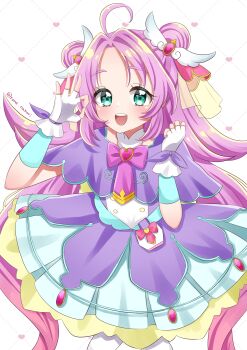 1girl :d absurdres ahoge akechi_anna aqua_eyes aqua_trim back_bow blush bow brooch buttons capelet commentary cowboy_shot cure_answer curled_fingers dotted_line double-breasted double_bun dress fingerless_gloves gloves gold_buttons grid_background hair_bun hair_flaps hair_intakes hair_ornament hands_up heart heart_background heart_brooch highres impossible_hair jewelry long_hair looking_at_viewer magical_girl medium_dress meitantei_precure! open_mouth pact_holder pleated_dress pouch precure purple_bow purple_dress purple_hair sidelocks smile solo teeth thick_eyebrows thighhighs tilly_ira_10 twitter_username upper_teeth_only very_long_hair white_background white_gloves white_thighhighs wing_hair_ornament yellow_bow