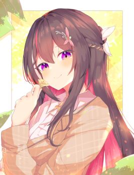 1girl absurdres azki_(4th_costume)_(hololive) azki_(hololive) background_request blush border braid brown_hair brown_jacket check_clothing check_costume closed_mouth clothing_request commentary_request crown_braid double-parted_bangs flower flower_request hair_between_eyes hair_flower hair_ornament hair_ribbon highres holding holding_flower hololive jacket leaf long_hair long_sleeves looking_at_viewer neck_ribbon purple_eyes ribbon seele_(chanseele0128) shirt smile solo upper_body virtual_youtuber white_border white_ribbon white_shirt yellow_background yellow_ribbon