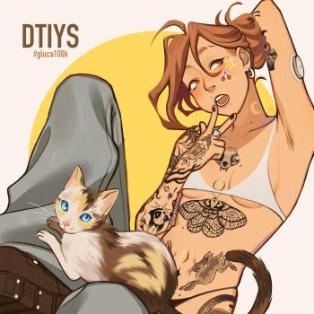 1girl arm_behind_back arm_up armpits black_nails black_pants body_freckles breasts brown_eyes brown_hair cat cleavage commentary denim draw_this_in_your_style_challenge english_commentary folded_ponytail freckles gluca grey_pants hashtag highres hip_tattoo jeans lowleg lowleg_panties micro_bra mole mole_above_mouth mole_under_eye mole_under_mouth multiple_moles navel open_mouth panties pants real_life self-portrait shoulder_tattoo small_breasts solo sticker sticker_on_face stomach_tattoo string_panties tattoo underboob underwear