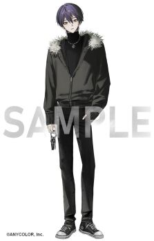 Rule 34 | black jacket, black pants, black shirt, black shoes, closed mouth, commentary request, company name, converse, copyright notice, denim, double-parted bangs, empty eyes, expressionless, full body, fur-trimmed jacket, fur trim, green eyes, hand in pocket, head tilt, holding, holding key, jacket, jeans, jewelry, kenmochi touya, key, keyring, light frown, long sleeves, looking at viewer, male focus, necklace, nijisanji, official alternate costume, official art, pale skin, pants, partially unzipped, purple hair, sample watermark, shirt, shoes, short hair, simple background, sleeves past wrists, sneakers, st31010, straight-on, turtleneck, virtual youtuber, watermark, white background