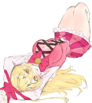 1girl blonde_hair bound bound_wrists bow bowtie commentary_request don_quixote_(project_moon) e.g.o_(project_moon) highres in_the_name_of_love_and_hate_(e.g.o) limbus_company lobotomy_corporation_(identity)_(project_moon) long_hair looking_at_viewer pink_bow pink_bowtie pink_ribbon pink_skirt pink_vest project_moon ribbon ritaritatter96 roseate_desire_(e.g.o) simple_background skirt vest