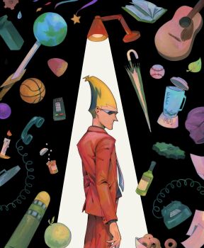 1boy absurdres ball baseball_(object) basketball_(object) beanie black_background black_shirt blender_(object) blonde_hair book bottle candle candlestand commentary confetti controller corded_phone desk_lamp donut earth_(ornament) english_commentary expressionless food gears ghost_trick goomyloid guitar hat highres impossible_hair instrument jacket lamp lid male_focus medicine necktie open_book open_clothes open_jacket pants paper phone ray_(ghost_trick) red_jacket red_pants remote_control shirt sissel_(ghost_trick) sunglasses sword torpedo umbrella upper_body vase weapon white_necktie wine_bottle